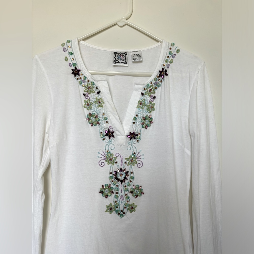 Nicky Hilton Women’s White Cotton Tunic With Crystals, Blouse, Cover Up S: S